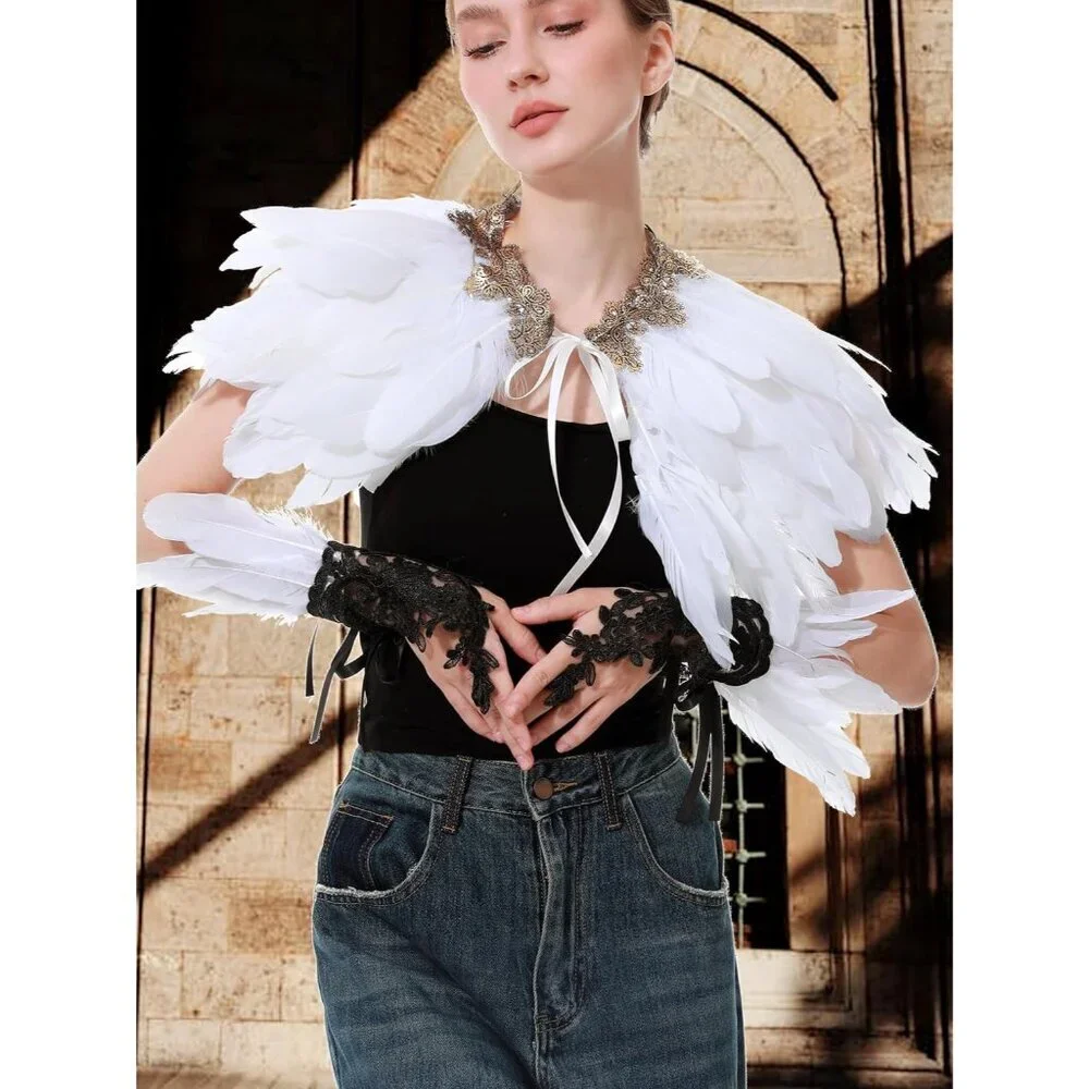Feather Lace Gloves Women Gothic Long Sleeve Costume Accessories Halloween Wrist
